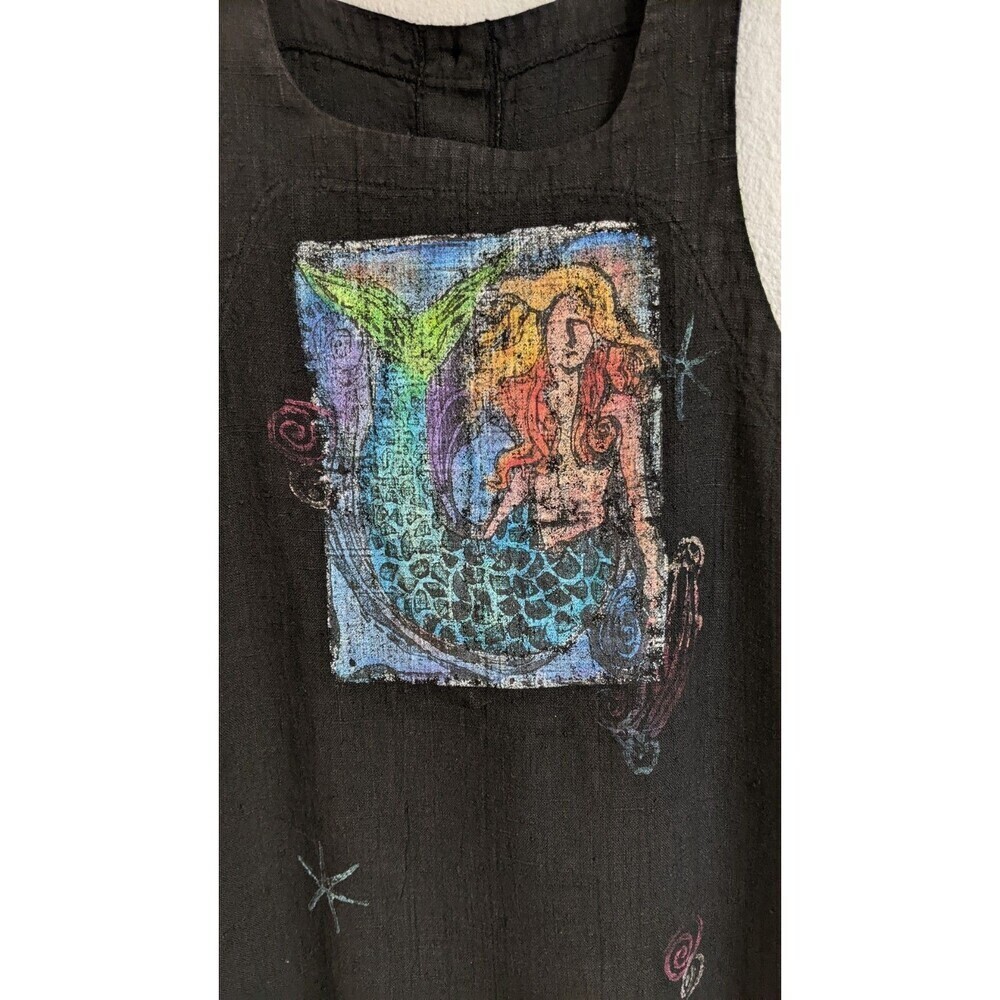 Women's Black Linen Sleeveless Mermaid Ocean Theme Casual Dress S/M - Picture 3 of 9